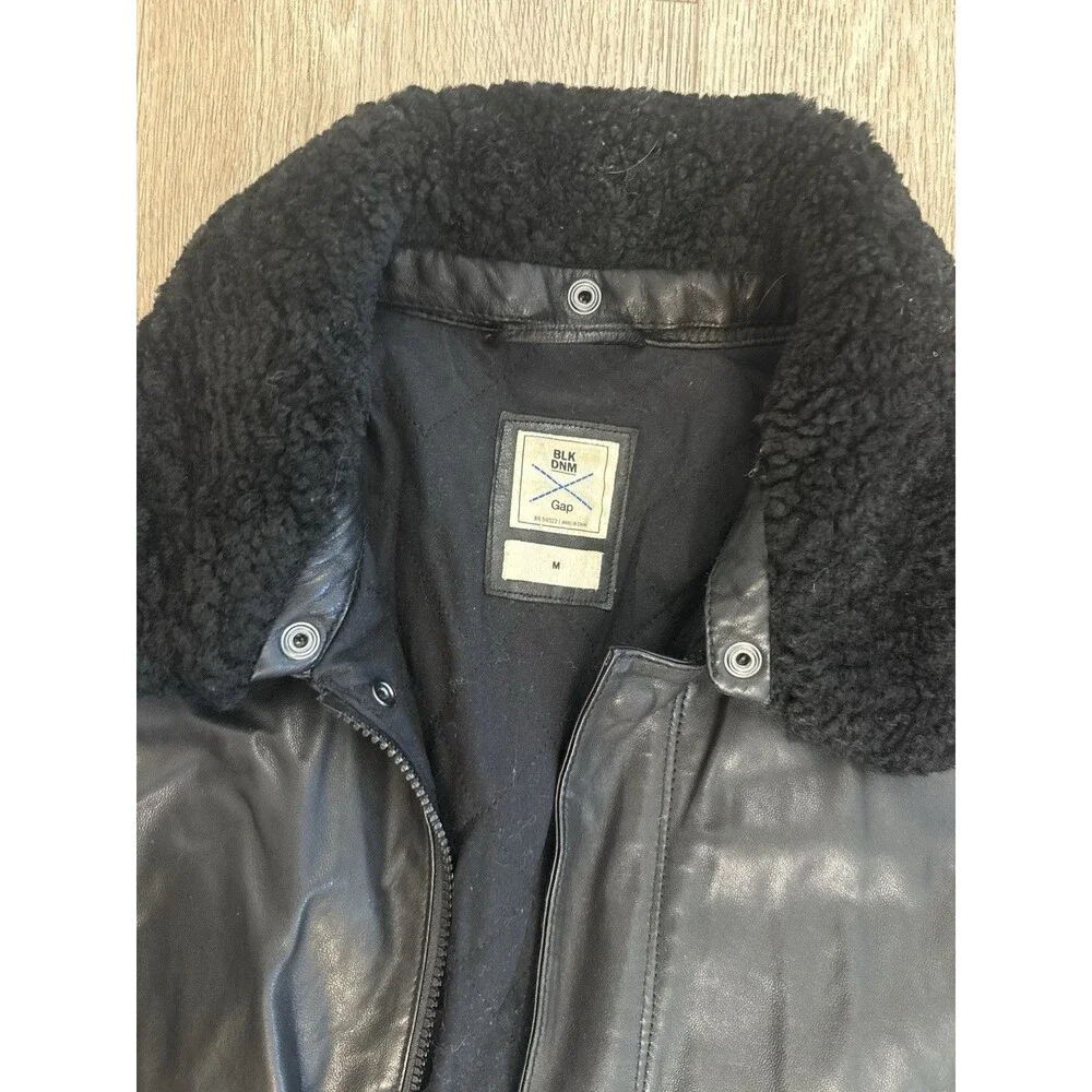 BLK DNM x GAP Mens Medium Black Leather Jacket Detachable Hood Rare (damage)